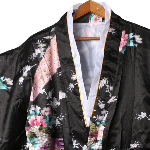 Satin Kimono Floral Japanese Style Dress Flower Peacock Belt Black Pink Blue NEW - Picture 10 of 14